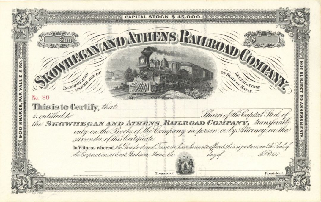 Skowhegan and Athens Railroad Co. - Unissued Stock Certificate