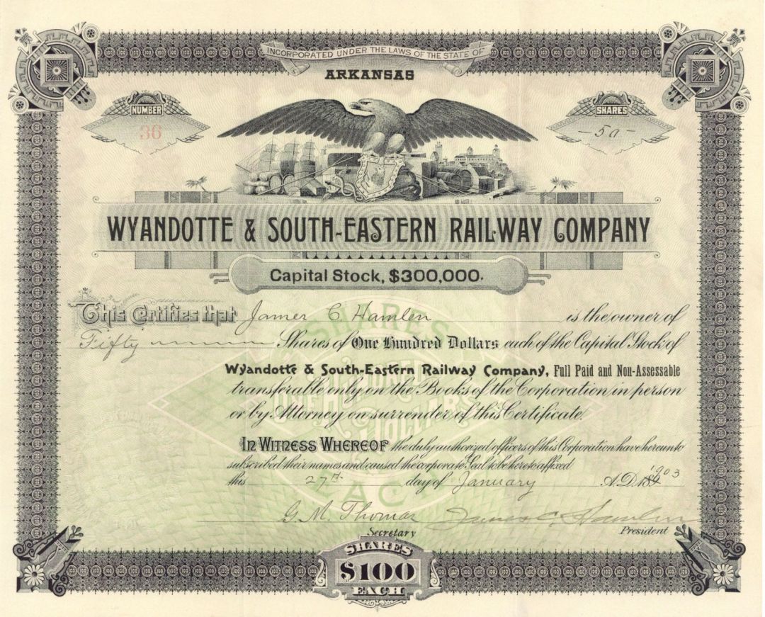 Wyandotte and South-Eastern Railway Co. - 1903 or 1904 dated Stock Certificate