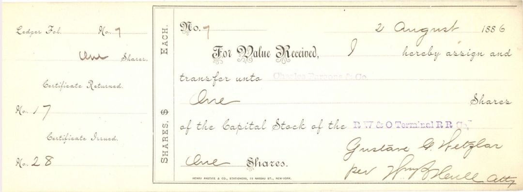 R W and O Terminal R R Co. - 1886-1889 dated Stock Transfer