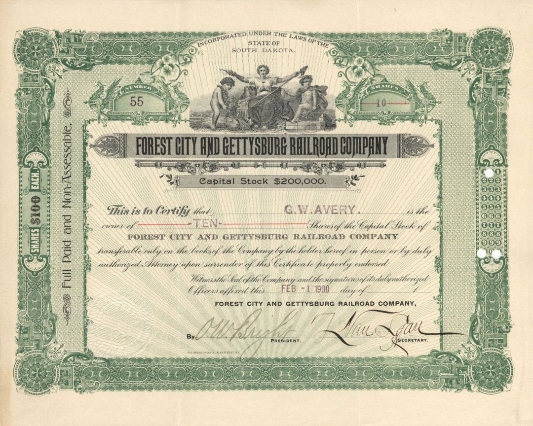 Forest City and Gettysburg Railroad Co. - 1900 dated Stock Certificate