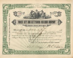 Forest City and Gettysburg Railroad Co. -  Cancelled but not dated Stock Certificate