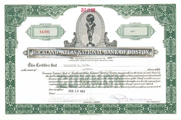 Rockland-Atlas National Bank of Boston - Stock Certificate