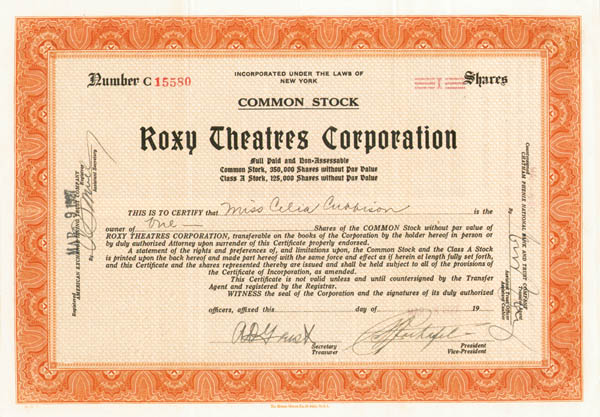 Samuel Lionel Rothafel "Roxy" - Roxy Theatres Corp (Uncanceled)
