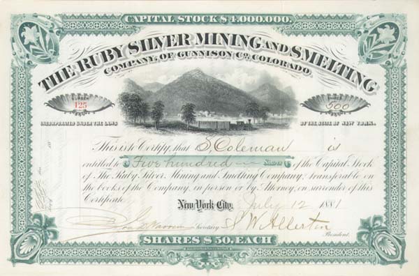 Ruby Silver Mining and Smelting Co - Stock Certificate (Uncanceled)