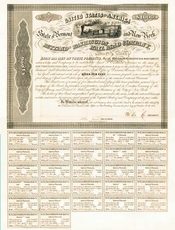 Rutland and Washington Rail Road Co. $1,000 7% Bond signed by Erastus Corning - Railway Stock Certificate