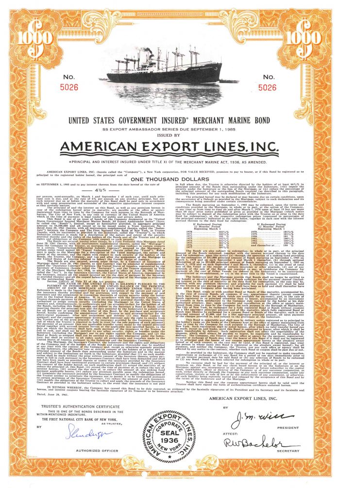 American Export Lines, Inc - $1,000 Bond dated 1961