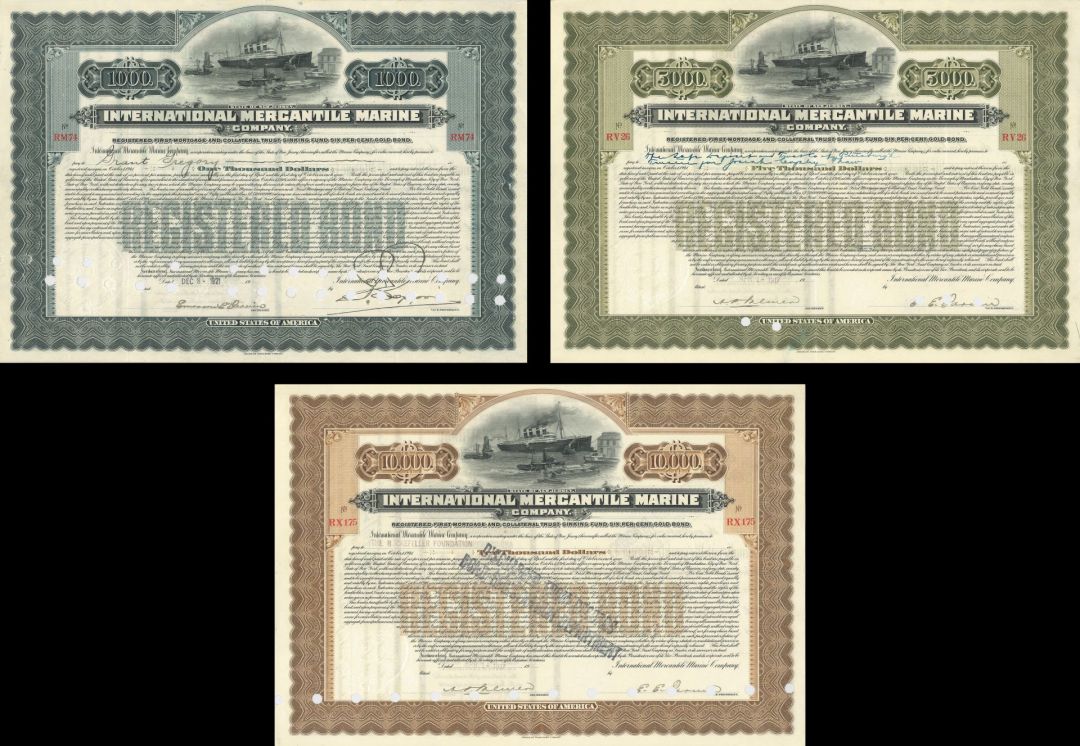International Mercantile Marine Co. - 1917-20's dated Set of 3 Bonds - Co. that Made the Titanic - 3 Different Colors - International Navigation Company
