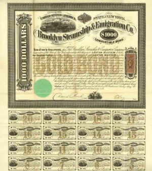 Brooklyn Steamship and Emigration Company $1000 Bond (Uncanceled)
