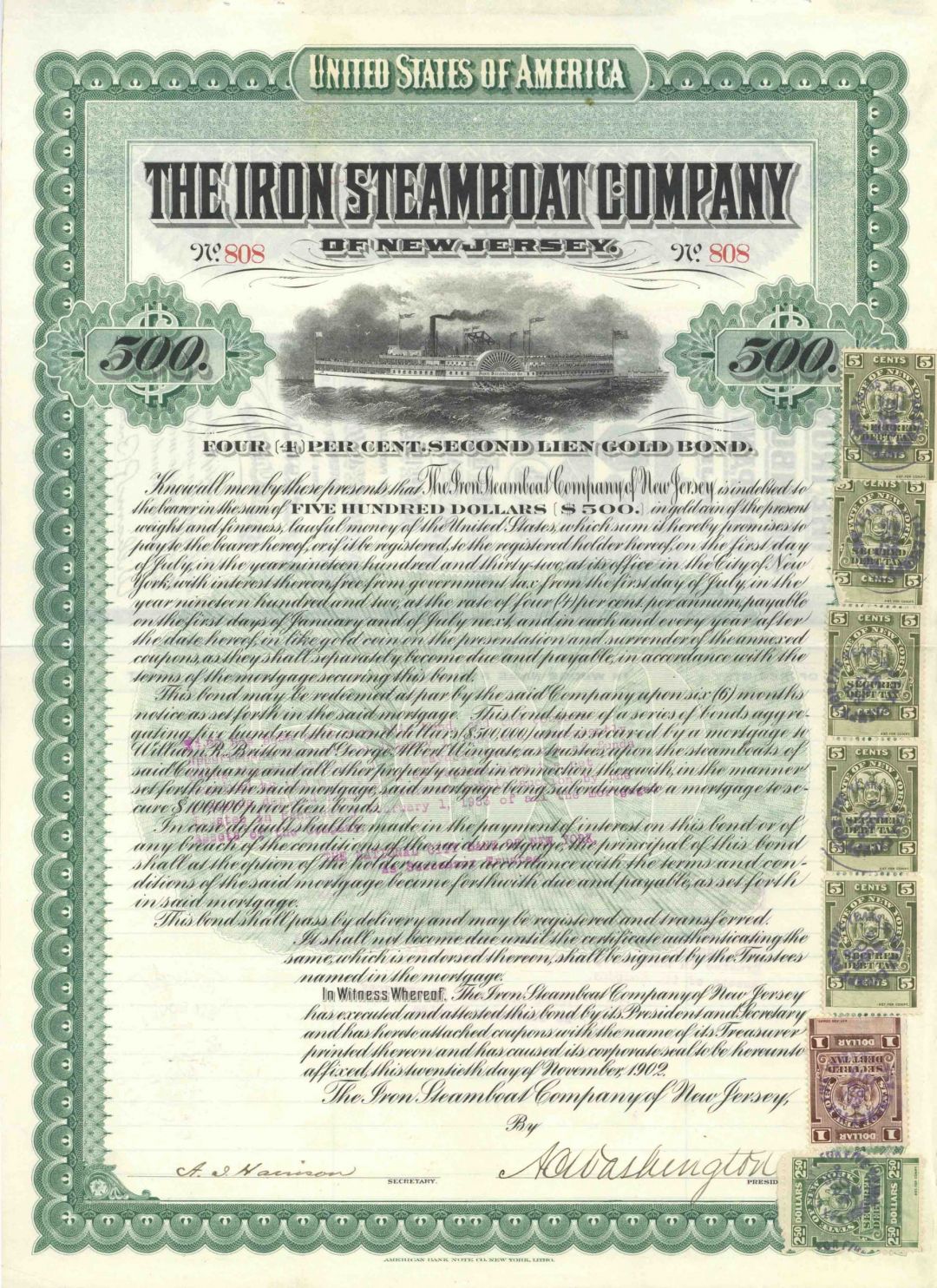 Iron Steamboat Co. of New Jersey - $500 Shipping Gold Bond - Uncanceled