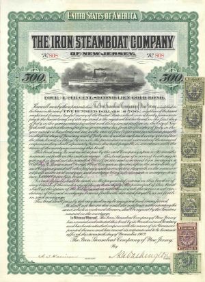 Iron Steamboat Co. of New Jersey - $500 Shipping Gold Bond - Uncanceled