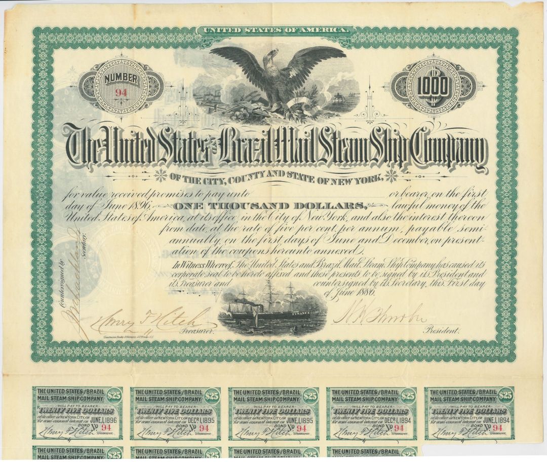 United States and Brazil Mail Steam Ship Co. - 1886 dated Mail Shipping Bond (Uncanceled)