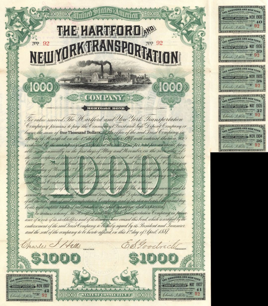Hartford and New York Transportation Co. (Uncanceled) - 1887 dated $1,000 Bond