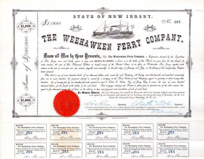 Weehawken Ferry Co. - $1,000 Bond