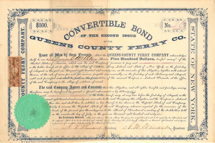 Queens County Ferry Co. - $500 New York Bond