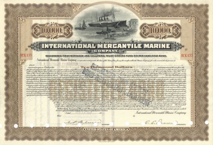 International Mercantile Marine Co. Issued to Rockefeller Foundation - $10,000 Bond
