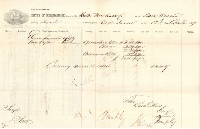 Entry of Merchandise - Shipping Document dated 1857 - Americana