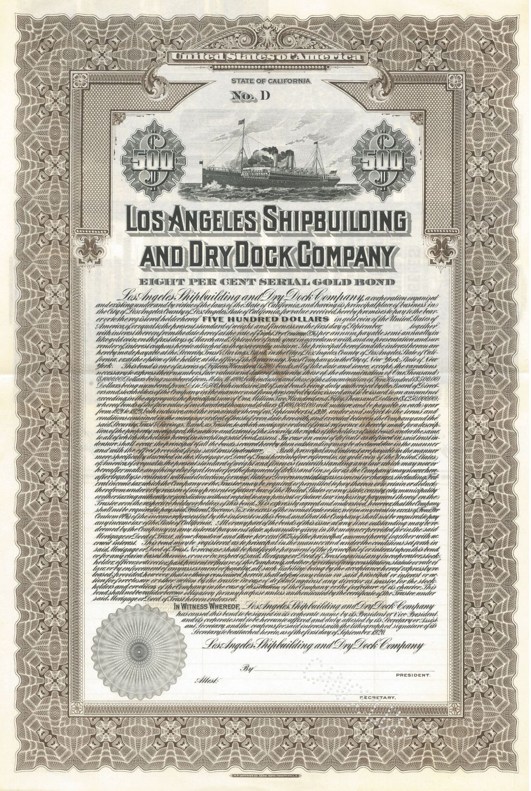 Los Angeles Shipbuilding and Dry Dock Co. - Unissued 1919 dated $1,000 or $500 Bond