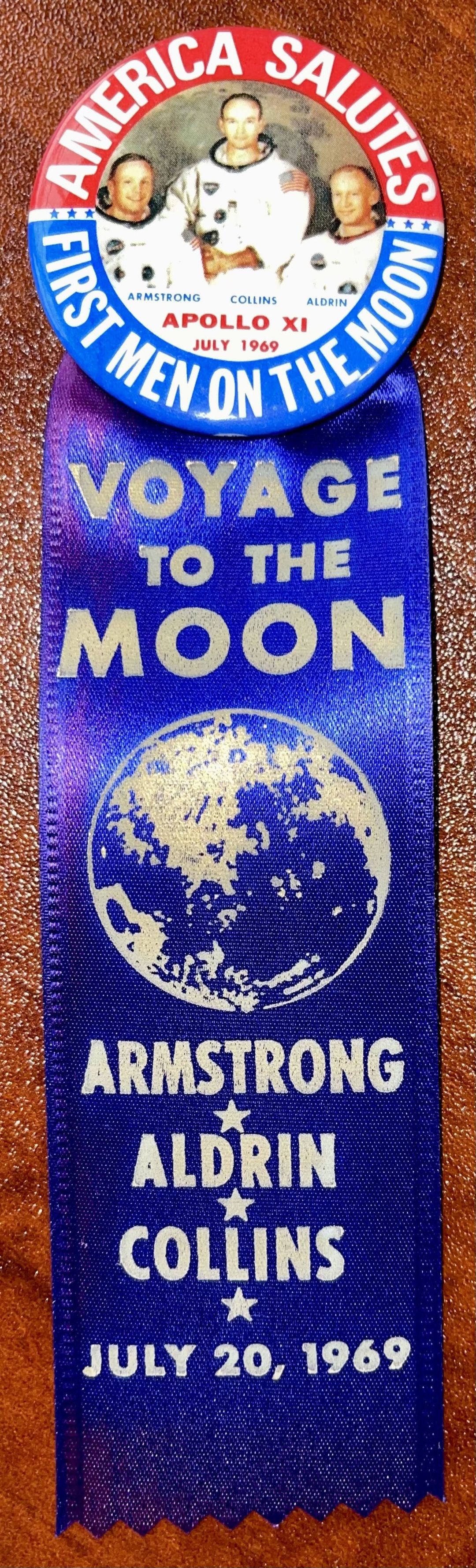 Voyage to the Moon Pin and Ribbon - Apollo 11 or XI - dated July 1969 Americana Space Pin