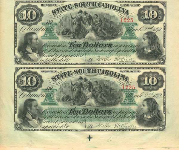 State of South Carolina Uncut Obsolete Sheet - Broken Bank Notes