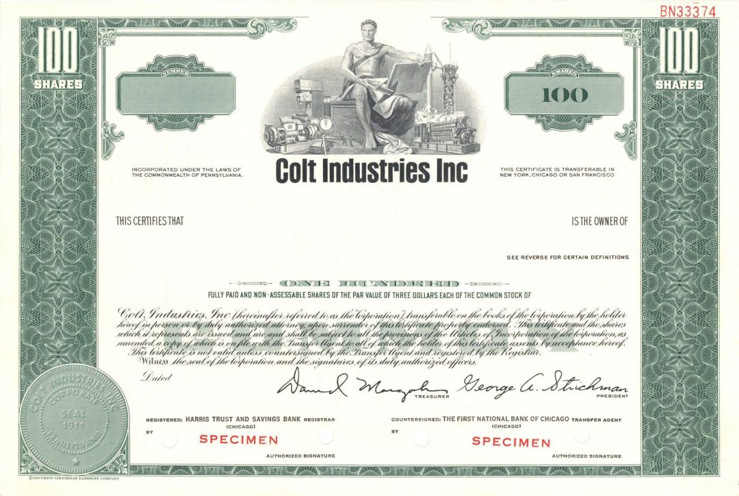 Colt Industries Inc. - Specimen Stock Certificate - Very Rare