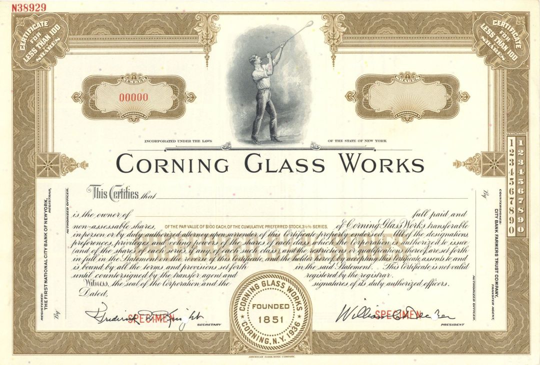 Corning Glass Works - Specimen Stock Certificate
