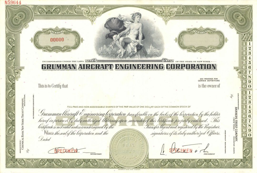 Grumman Aircraft Engineering Corporation - Specimen Stock Certificate - Grumman Corporation