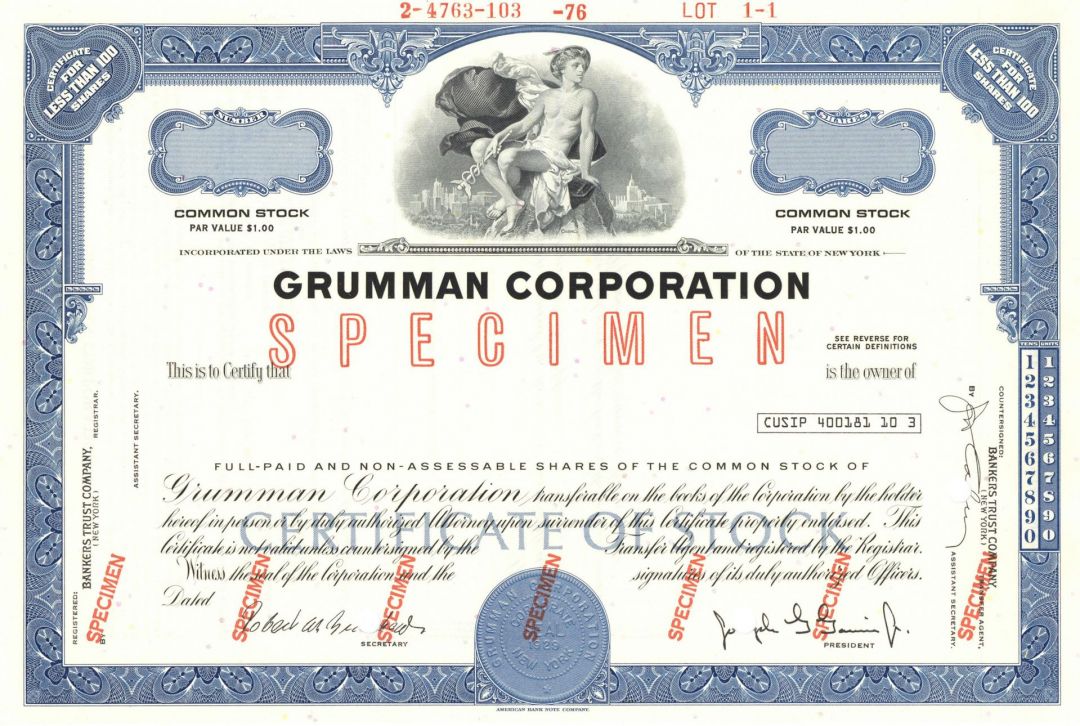 Grumman Corp. - Aviation Specimen Stock Certificate - Available in Blue, Brown or Olive