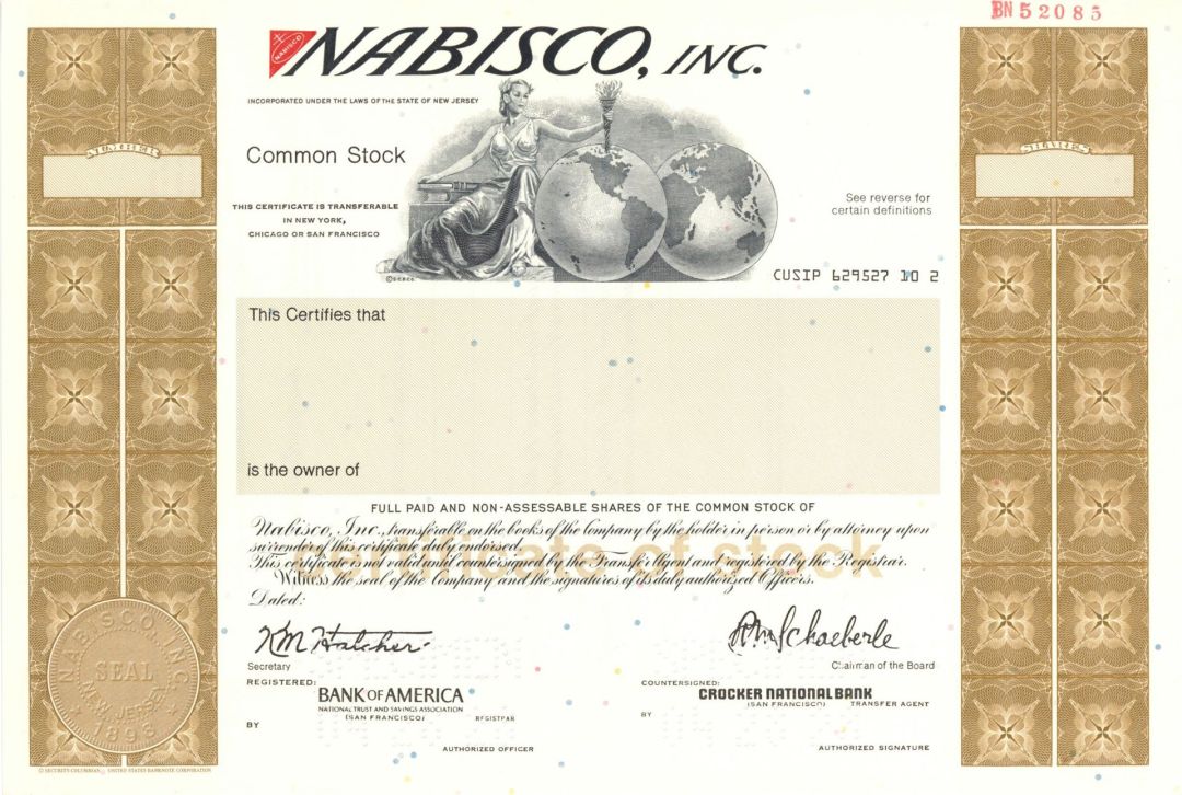 Nabisco, Inc. - 1898 Specimen Stock Certificate