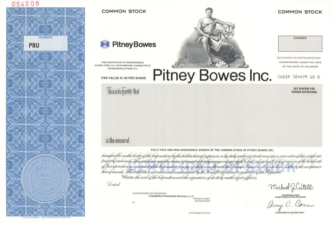 Pitney Bowes Inc. - Specimen Stock Certificate