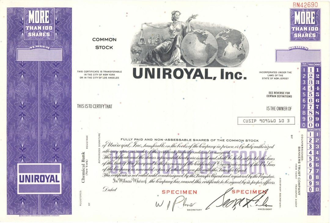Uniroyal, Inc. - Specimen Stock Certificate