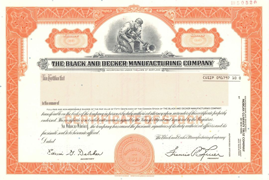 Black and Decker Manufacturing Co. - 1978 Specimen Stock Certificate