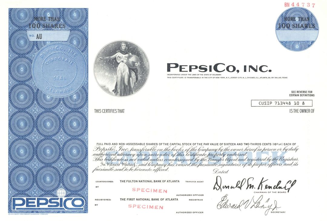 Pepsico, Inc. - 1970's-80's dated Specimen Stock Certificate - Pepsi Company