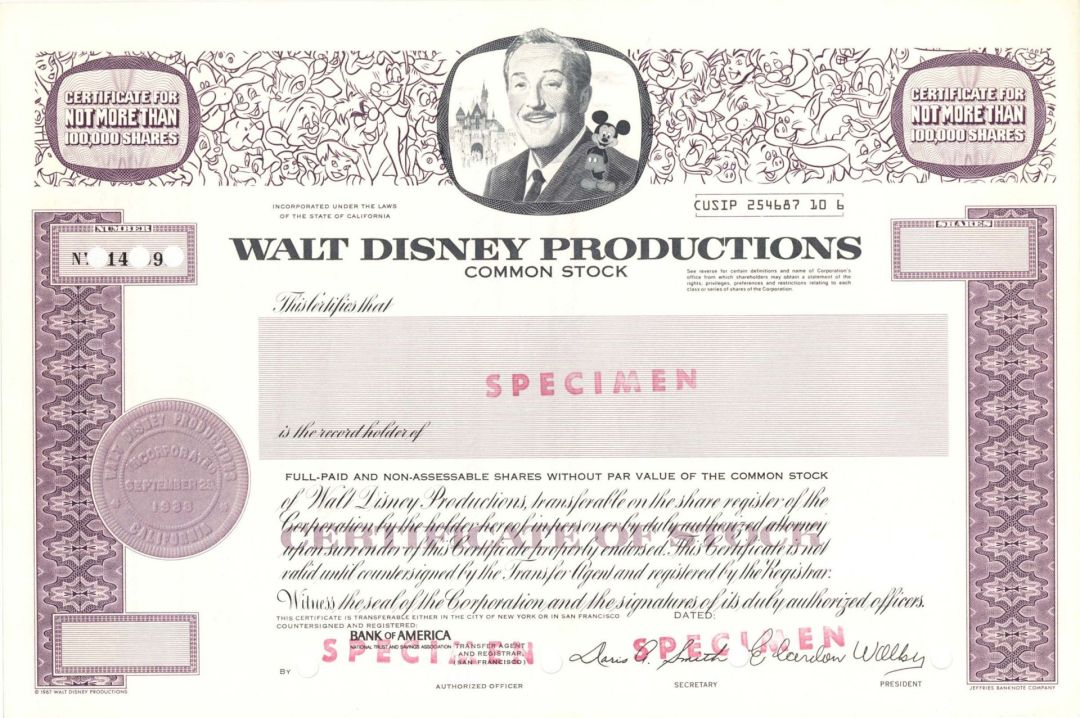 Walt Disney Productions - Specimen Stock Certificate