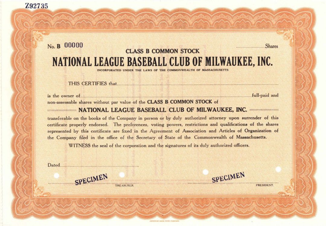 National League Baseball Club of Milwaukee, Inc. - Specimen Stock Certificate