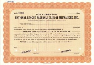National League Baseball Club of Milwaukee, Inc. - Specimen Stock Certificate