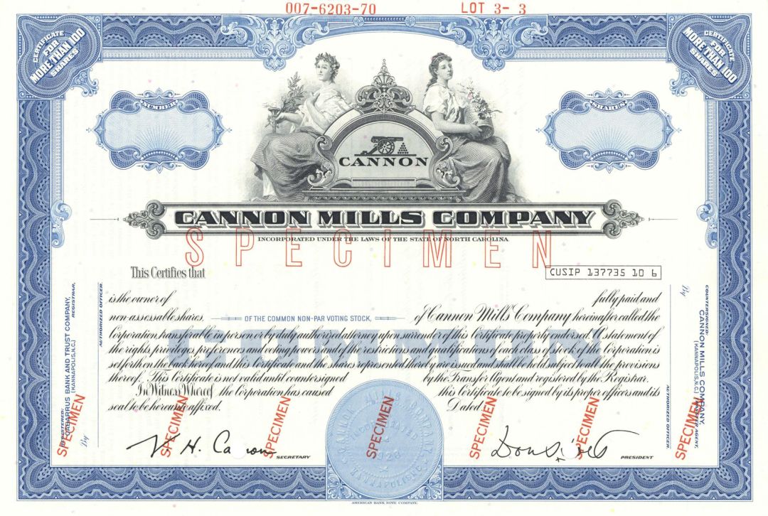 Cannon Mills Co. - Textile Manufacturing Company Specimen Stock Certificate - Available in Blue or Green