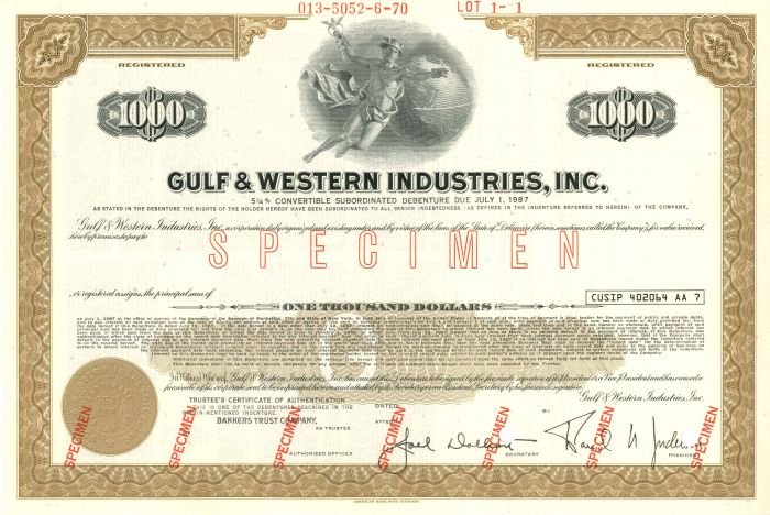 Gulf and Western Industries, Inc. - $1,000 - Bond