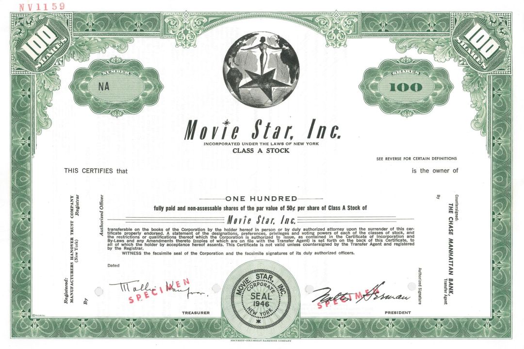 Movie Star, Inc. - Stock Certificate