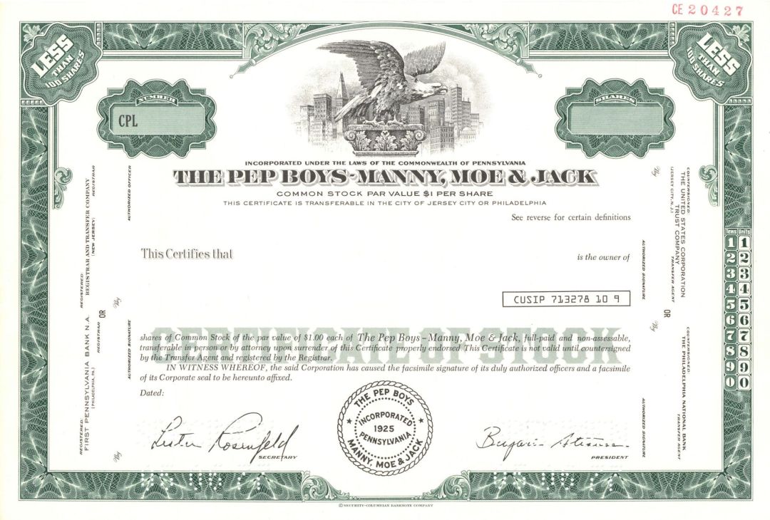Pep Boys - Manny, Moe and Jack - Specimen Stock Certificate