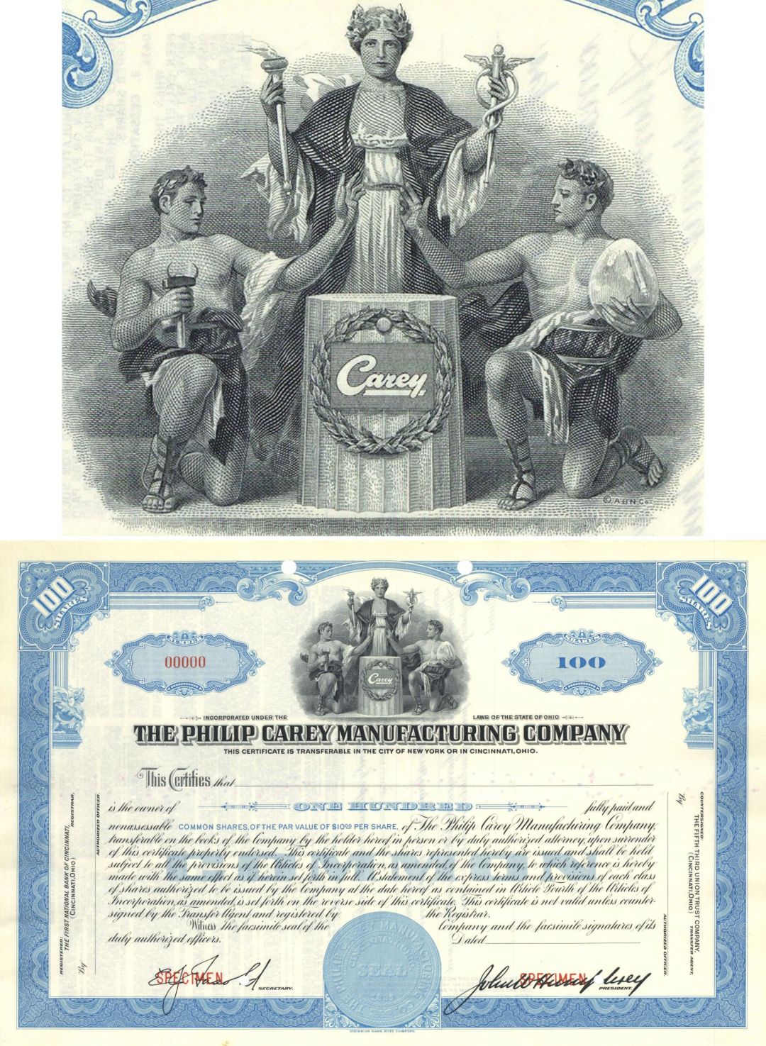 Philip Carey Manufacturing Co. - Specimen Stock Certificate