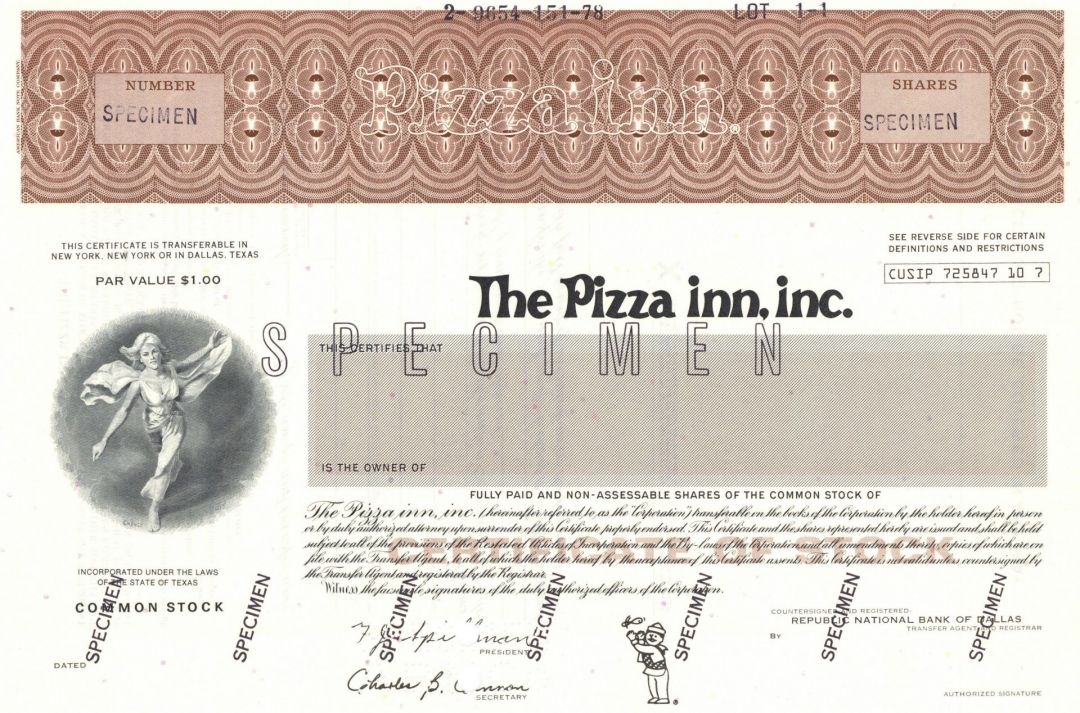 Pizza Inn, Inc. - Specimen Stock Certificate