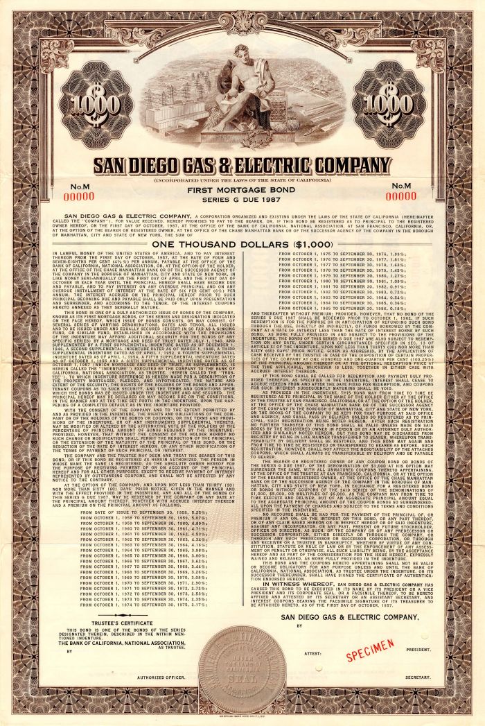 San Diego Gas and Electric Co. - $1,000 Utility Specimen Bond