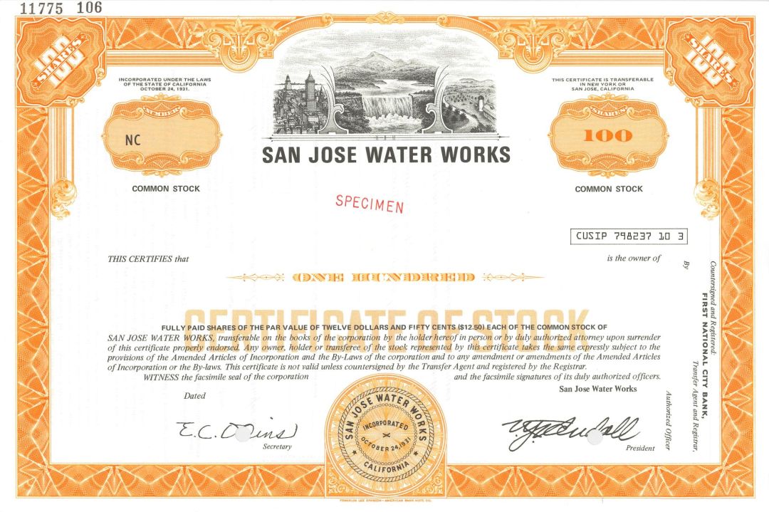 San Jose Water Works - Utility Specimen Stock Certificate