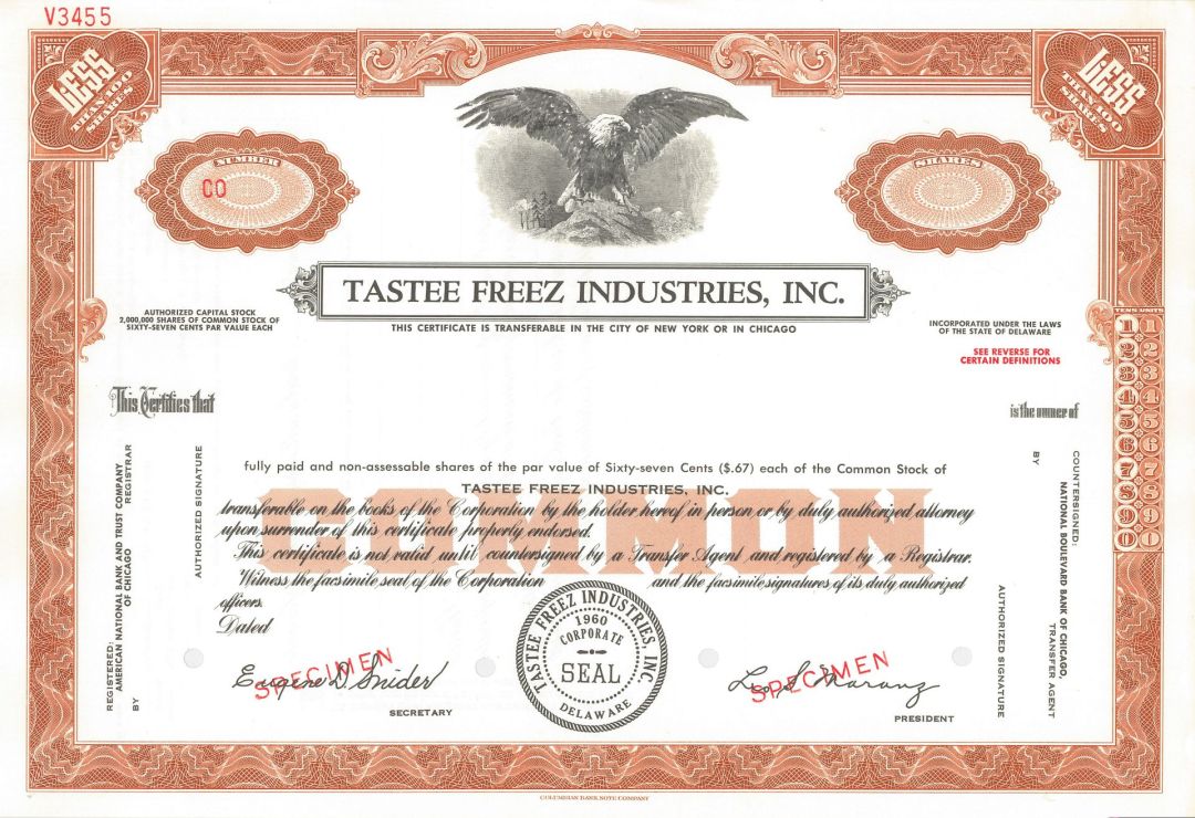 Tastee Freez Industries, Inc. - Stock Certificate