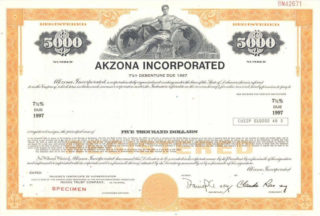 Akzona Inc. - $5,000 1928 dated Specimen Bond