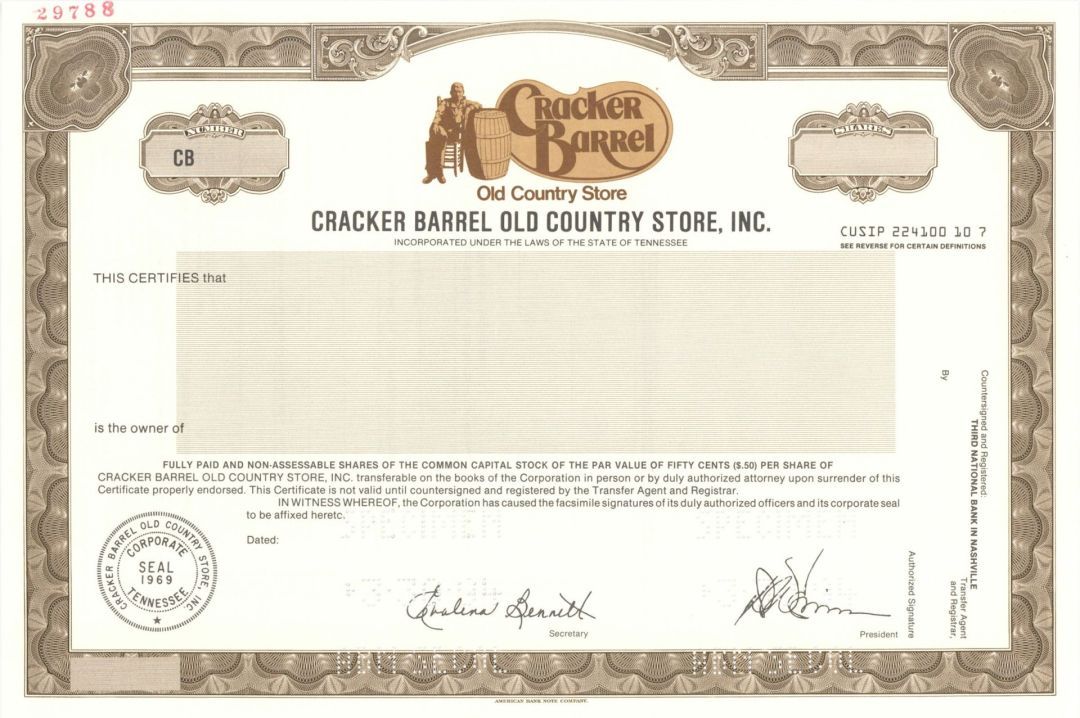 Cracker Barrel Old Country Store, Inc. - Specimen Stock Certificate