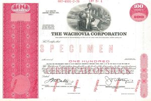 Wachovia Corporation - Acquired by Wells Fargo - Specimen Stock Certificate - Raleigh, North Carolina