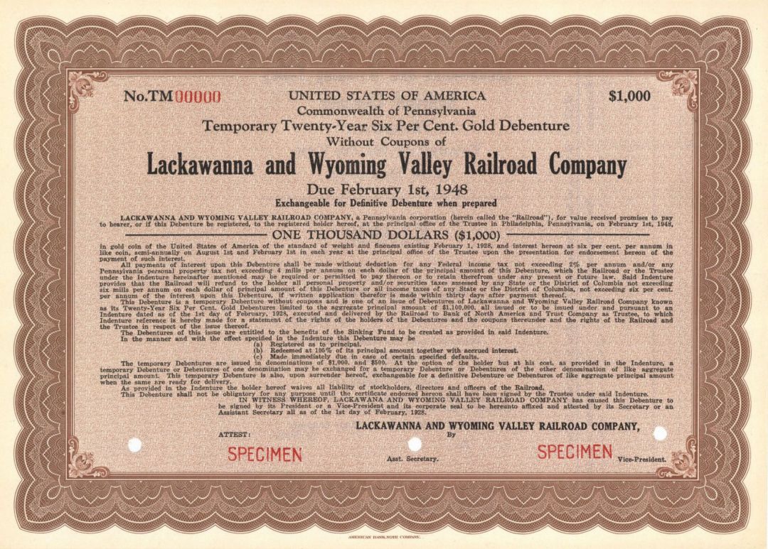 Lackawanna and Wyoming Valley Railroad Co. - Specimen Bond