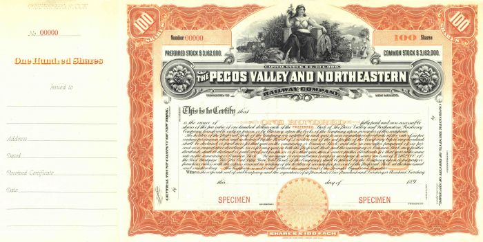 Pecos Valley and Northeastern Railway Co. - 1890's dated Specimen Stock Certificate