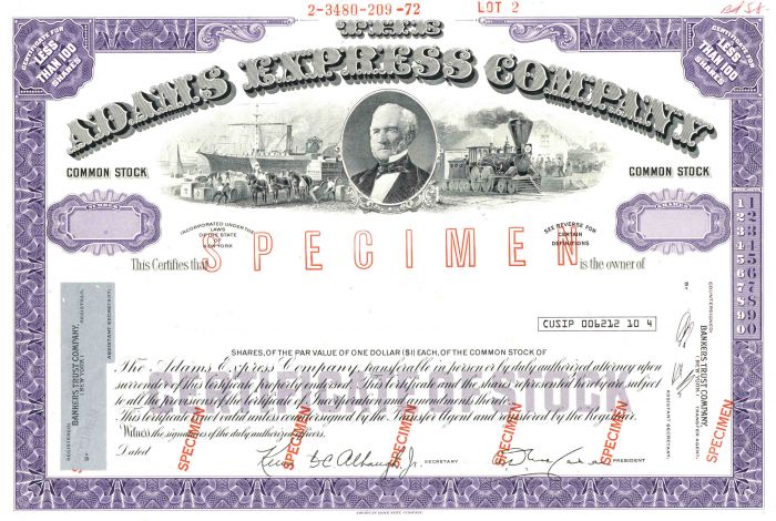 Adams Express Co. - Specimen Stock Certificate